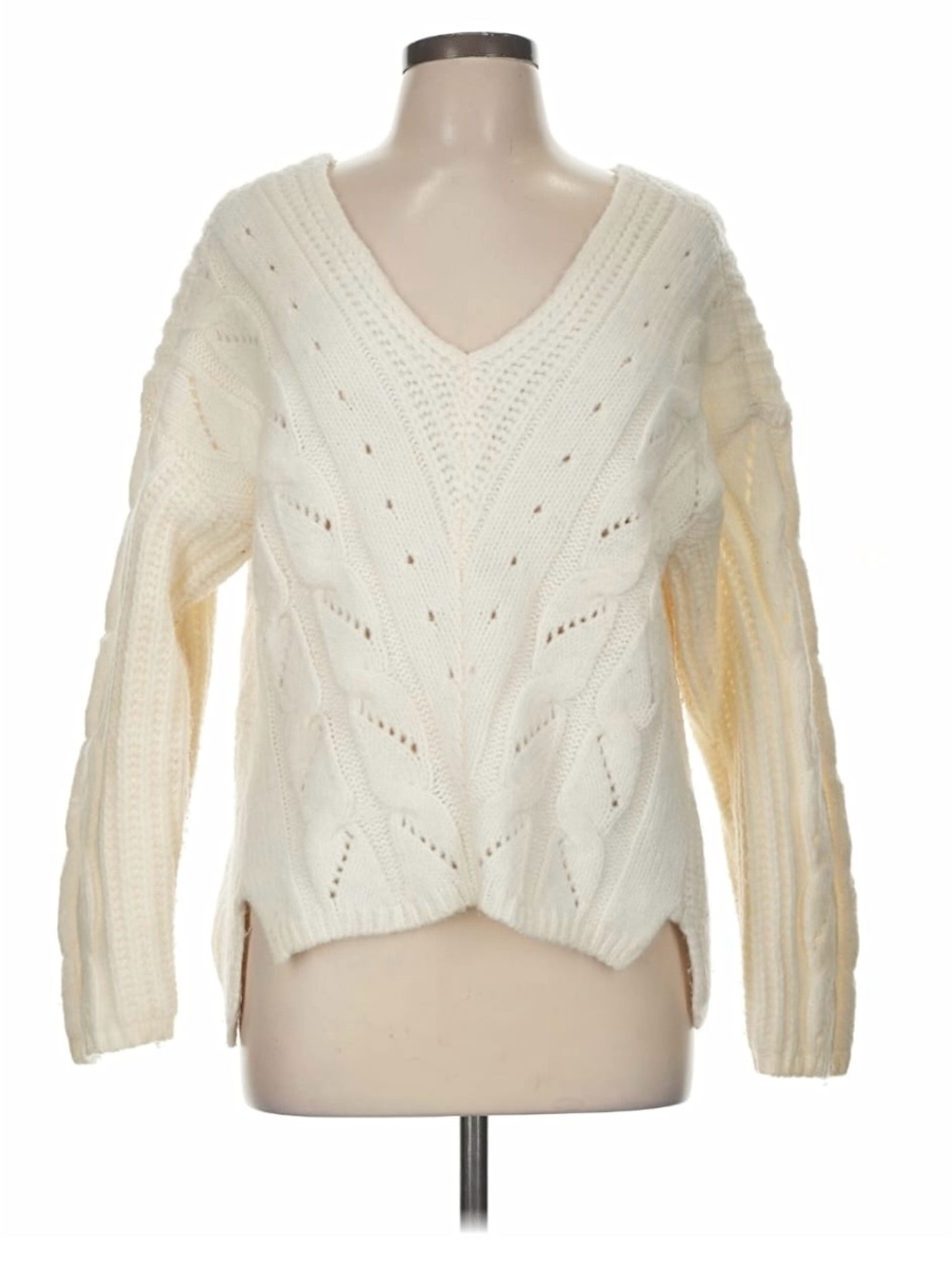 By Anthropology Women's Cream Cable Knit V-Neck Sweater